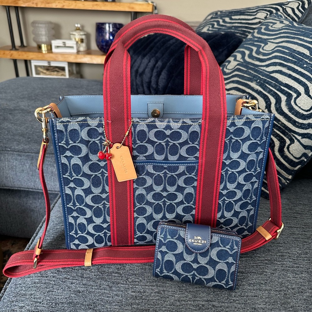 Coach Denim Blue Tote with Red Straps and Wallet